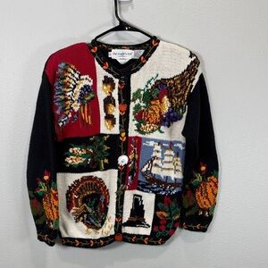 The Eagles Eye Thanksgiving pilgrims Colorful Knit Cardigan with Autumn Motifs